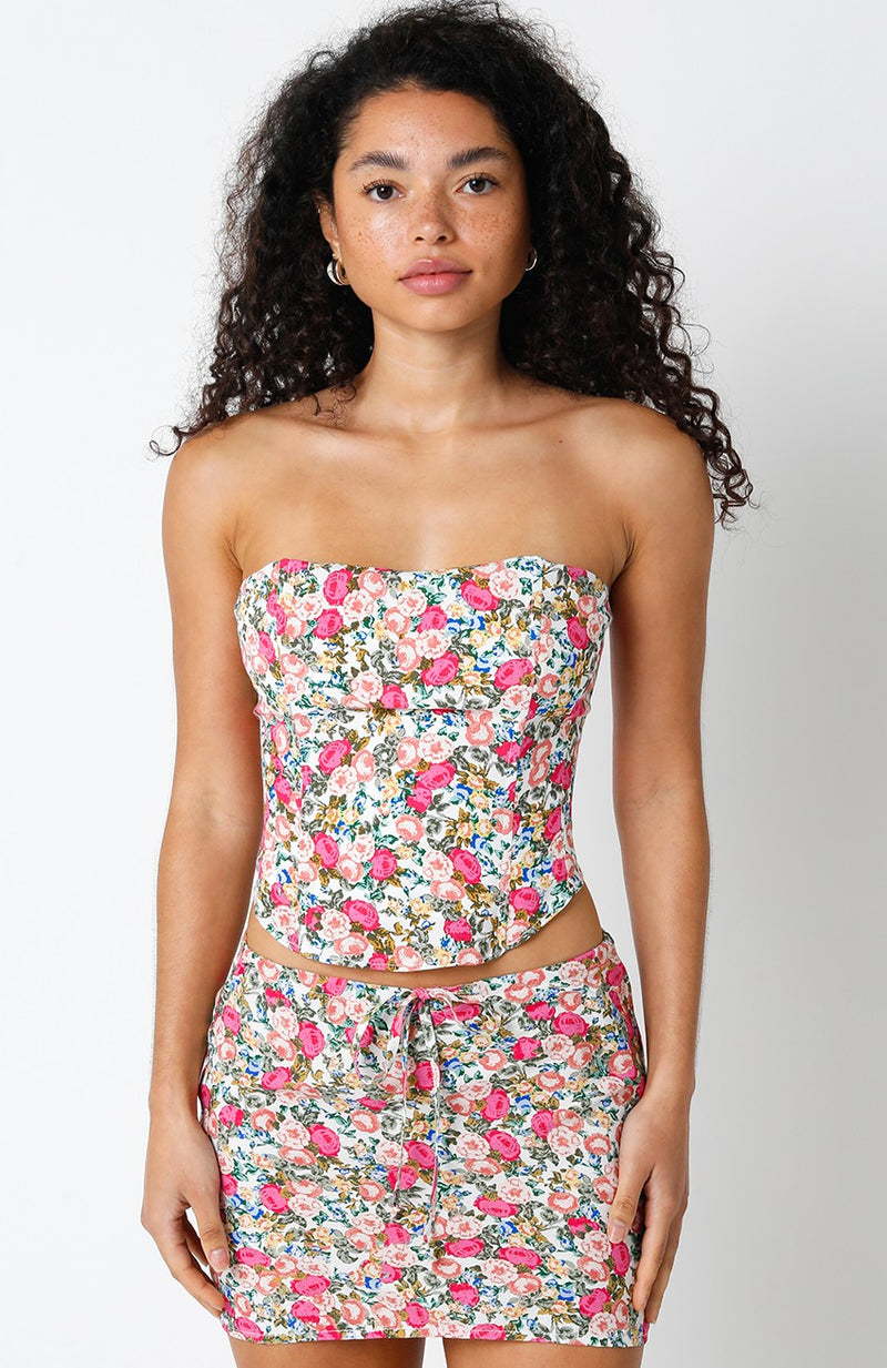 JAMIE FLORAL STRAPLESS TOP - WHITE/PINK MULTI