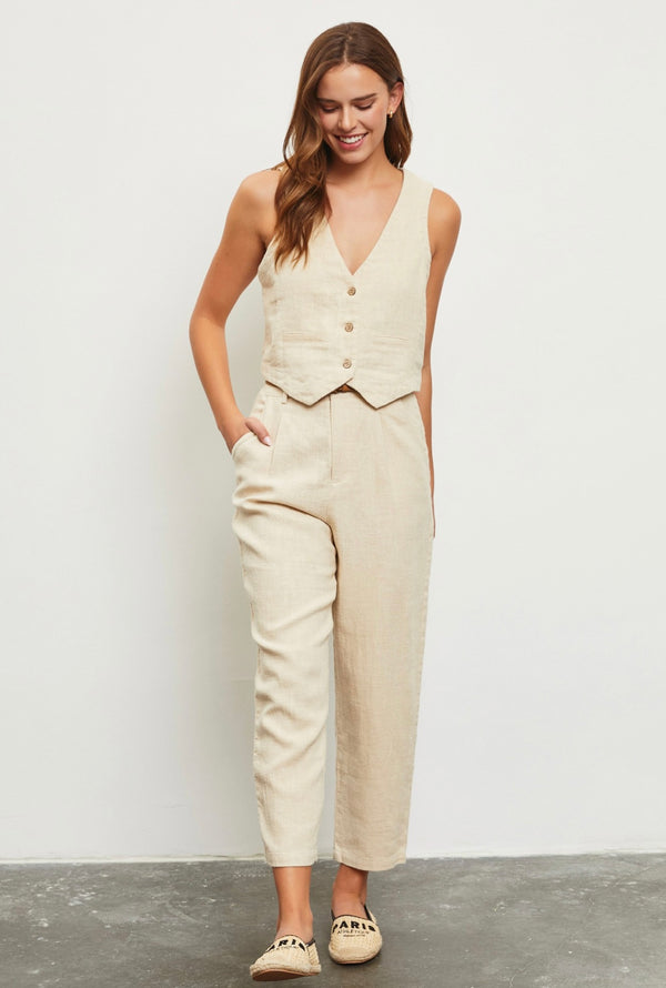 LINEN BLEND TROUSERS WITH BELT - NATURAL