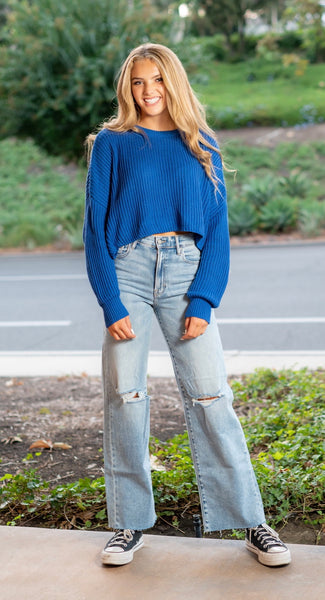 CROPPED KNIT SWEATER - COBALT BLUE – CAllie Girl Boutique