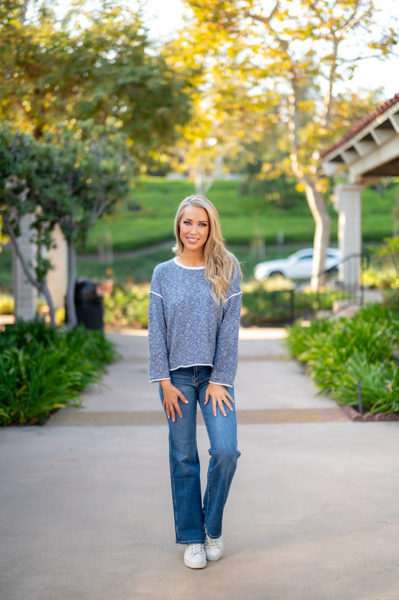 TWO TONED BOAT NECK SWEATER - NAVY