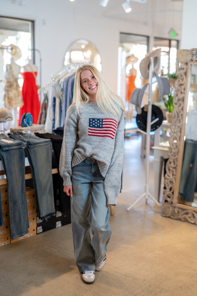 RIBBED AMERICAN FLAG SWEATER - MARLED GREY