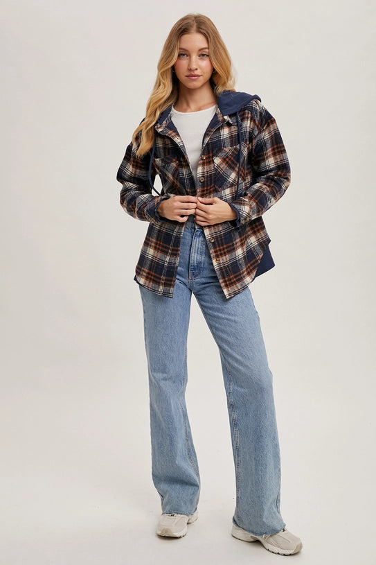 BUTTON DOWN HOODED PLAID JACKET - NAVY
