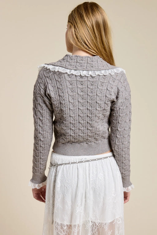 LACE TRIM CABLE KNIT CARDIGAN - GREY