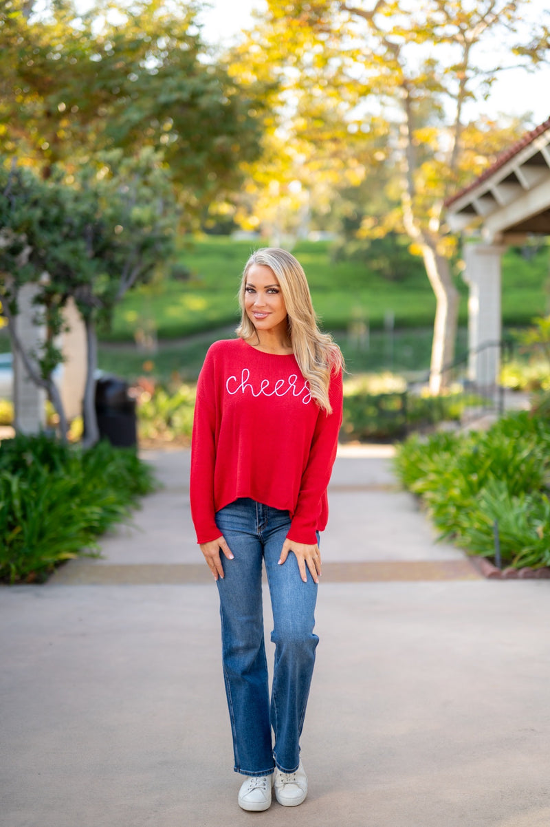 CHEERS CURSIVE SWEATER - RED/WHITE