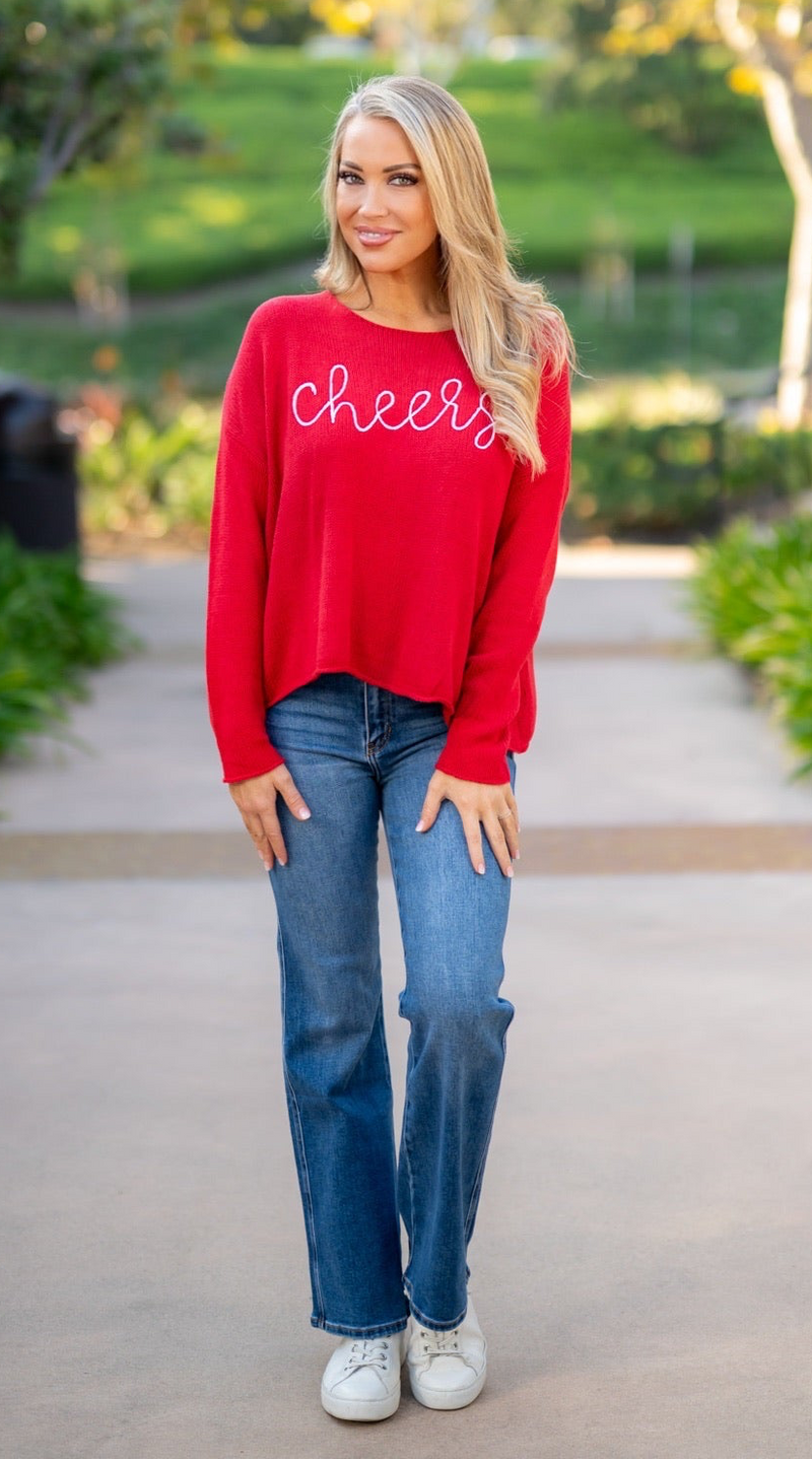 CHEERS CURSIVE SWEATER - RED/WHITE