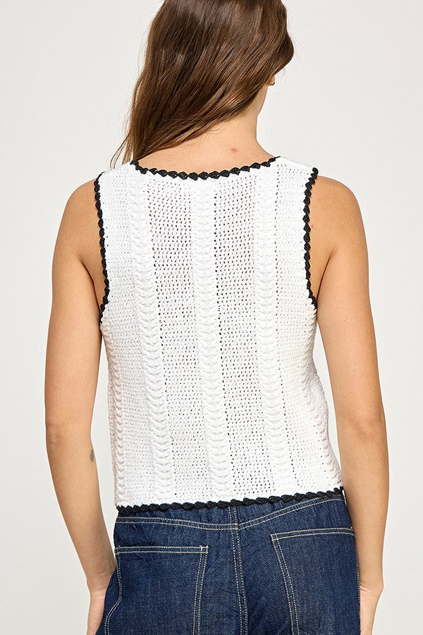 KNIT CROCHET TANK TOP - OFF WHITE/BLACK