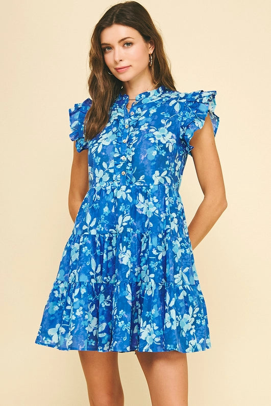 FLORAL TIERED MINI DRESS - BLUE MULTI