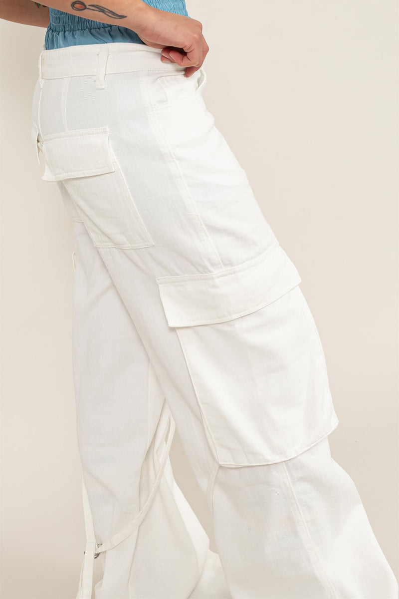 WASHED DENIM CARGO PANTS - WHITE