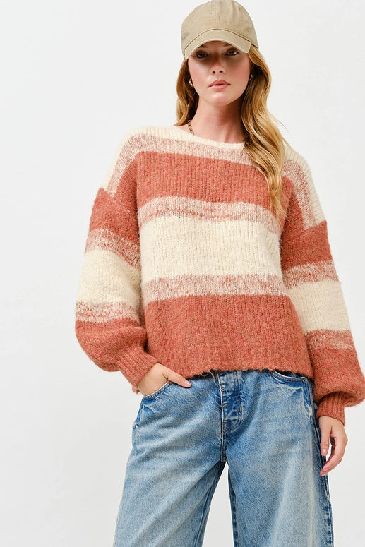 COLOR BLOCK FUZZY KNIT SWEATER - OATMEAL/RUST