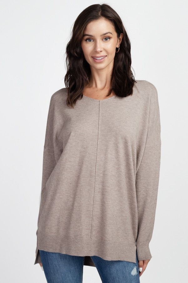 V-NECK SWEATER WITH FRONT SEAM DETAIL - HEATHER MOCHA