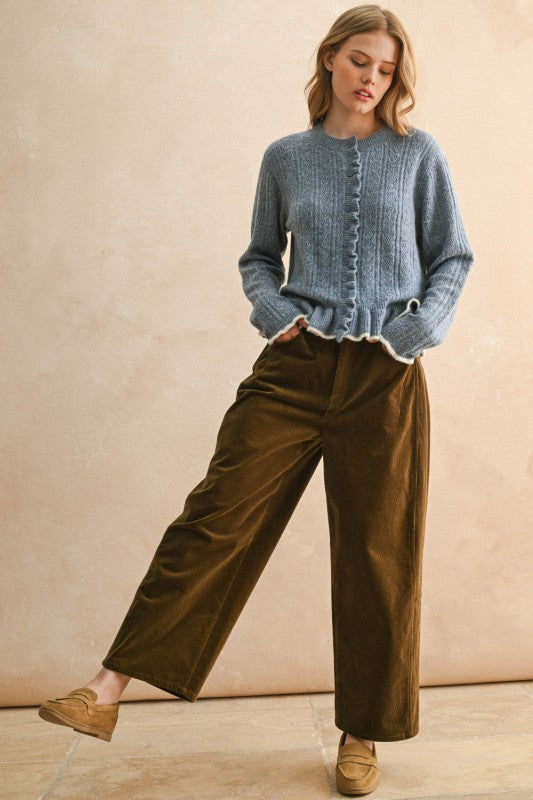 RUFFLE DETAIL SWEATER CARDIGAN - DENIM BLUE