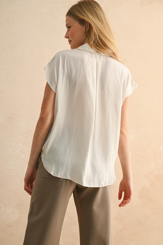 BUTTON DOWN CAP SLEEVE BLOUSE - CREAM