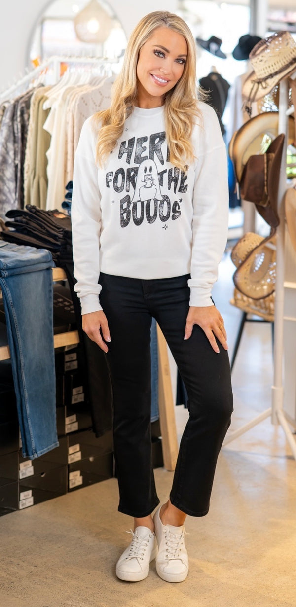 "HERE FOR THE BOOOS" SWEATSHIRT - WHITE