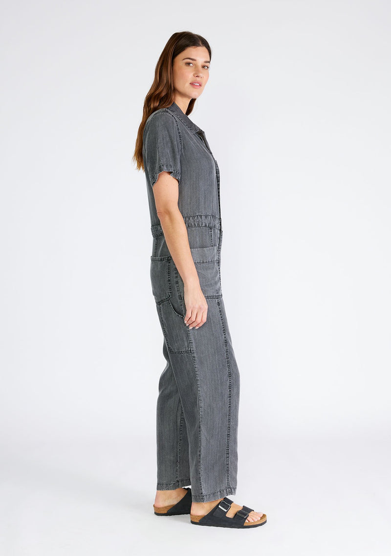 COLLARED BUTTON FRONT JUMPSUIT - ASH GREY