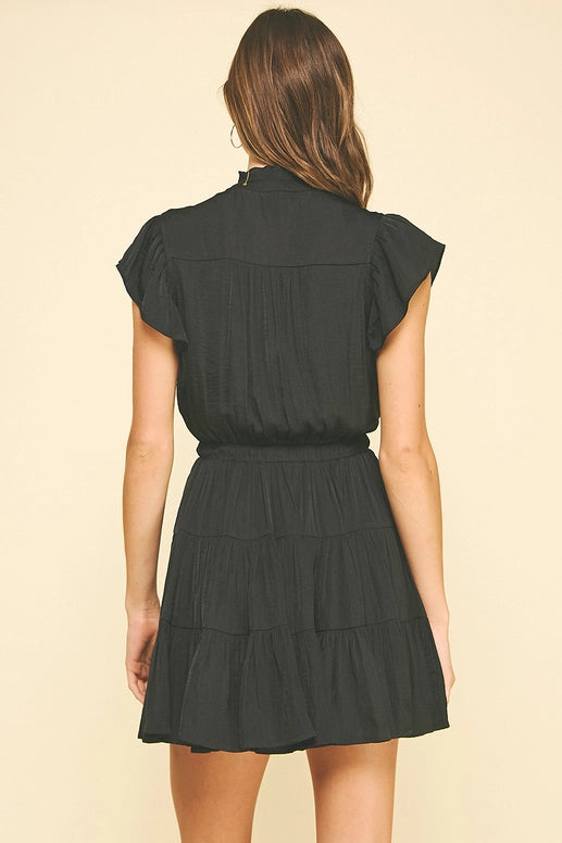BUTTON DOWN TIERED MINI DRESS - BLACK