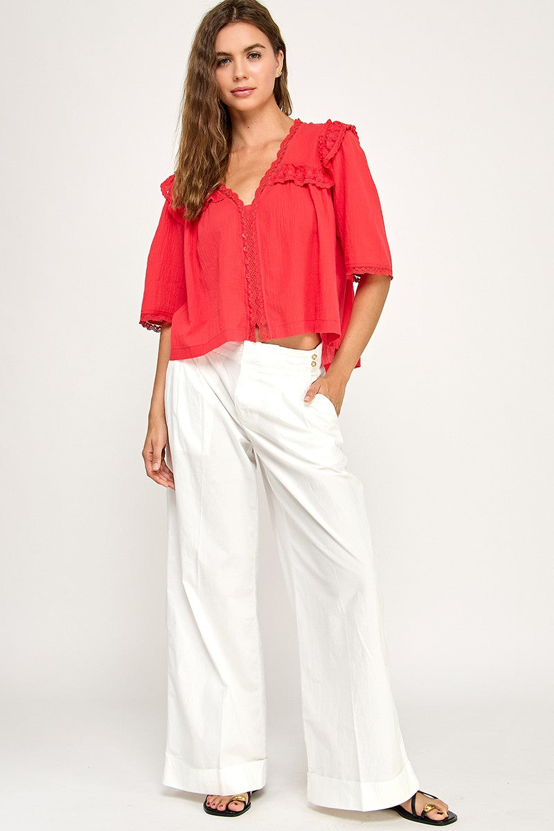 EMBROIDERED LACE TRIM BLOUSE - RED