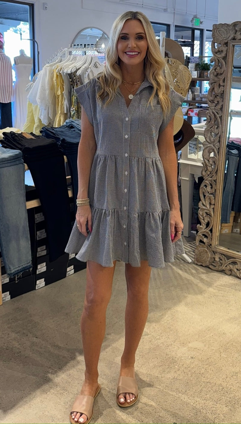 ELAN CAP SLEEVE GINGHAM DRESS - BLACK