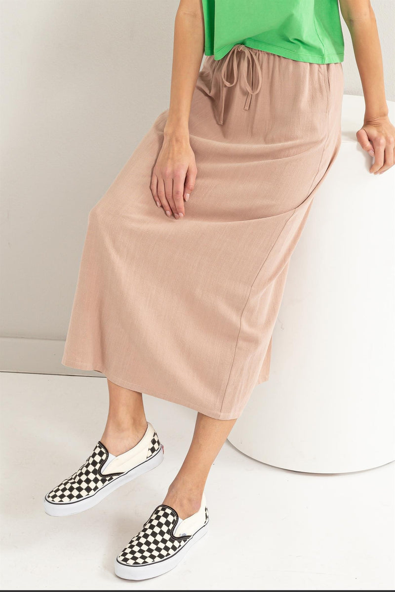 LINEN BLEND MIDI SKIRT - TAN