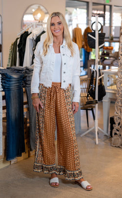 RUFFLE HEM WIDE LEG PANTS - HONEY