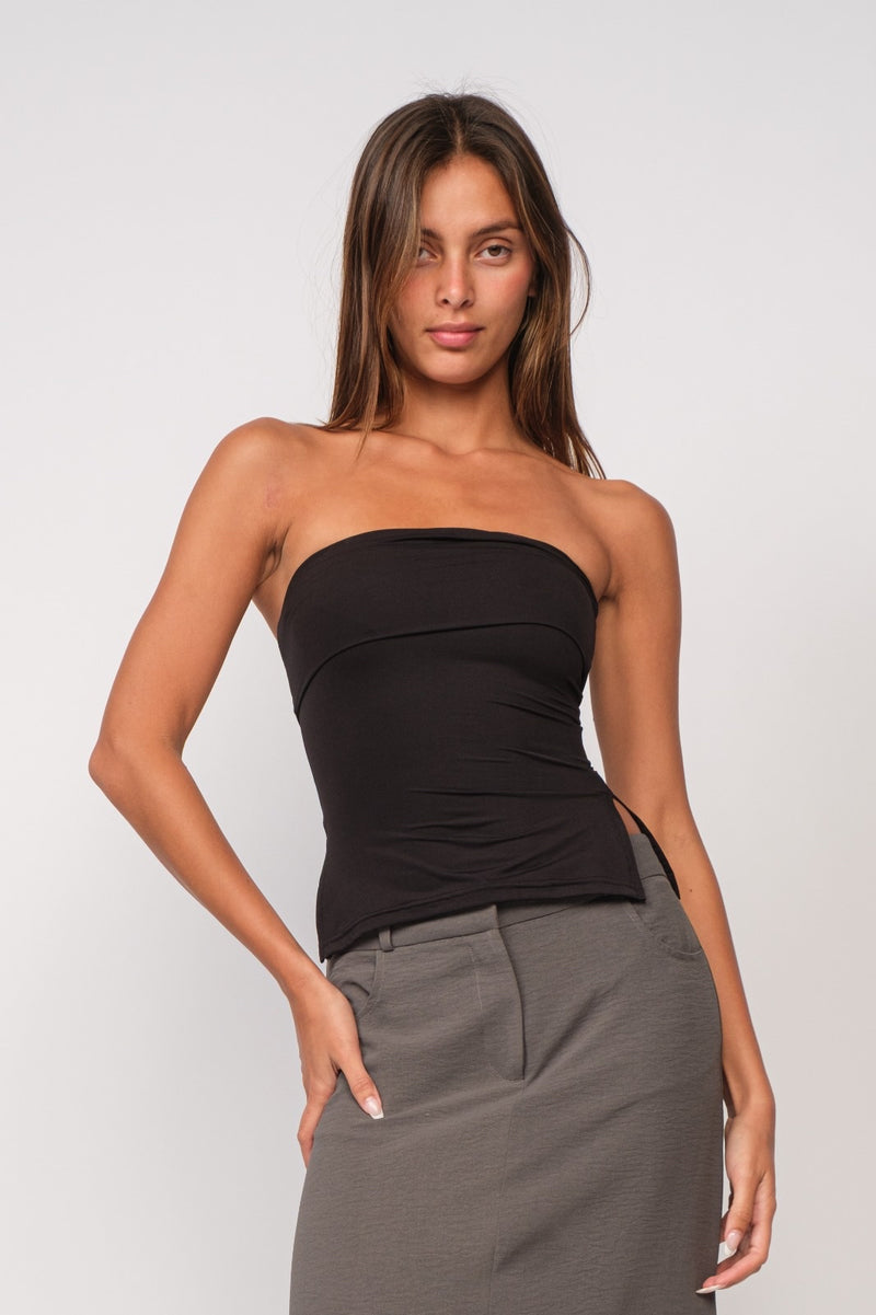 FOLD OVER SILKY TUBE TOP - BLACK