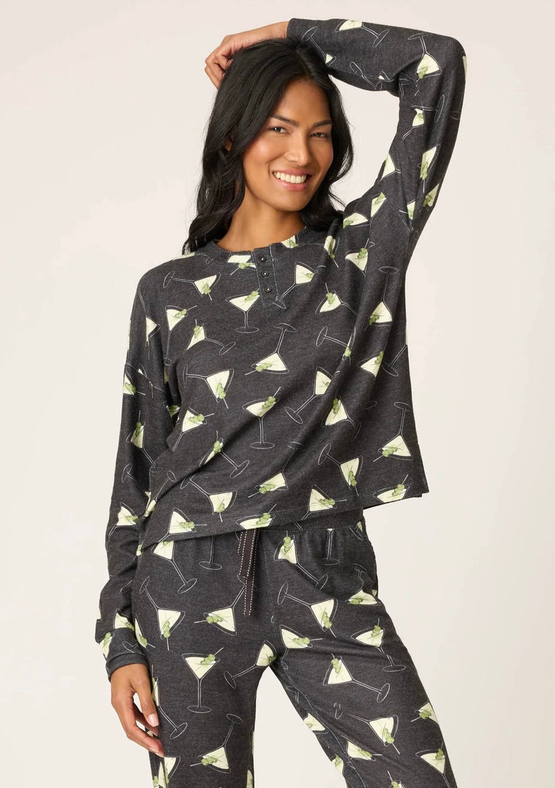 MERRIER WITH A MARTINI LONG SLEEVE PJ TOP - BLACK
