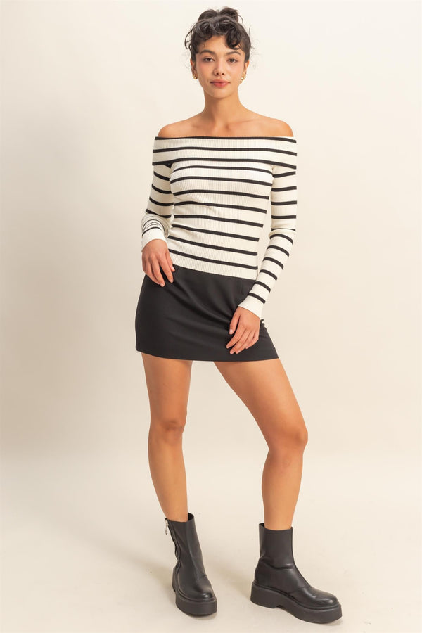 STRIPED OFF-SHOULDER KNIT TOP - CREAM/BLACK