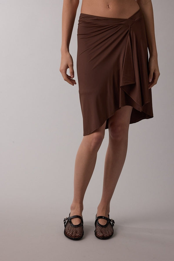 ASYMMETRICAL KNEE LENGTH SKIRT - BROWN