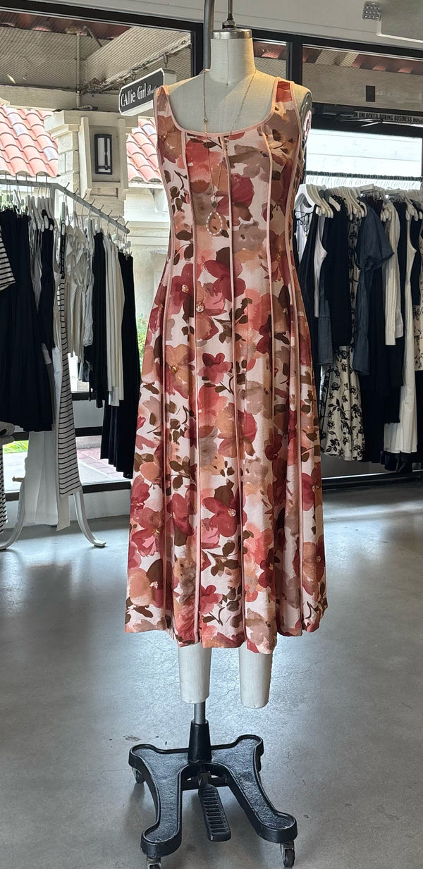CONTRAST BINDING MIDI DRESS - RUST MULTI