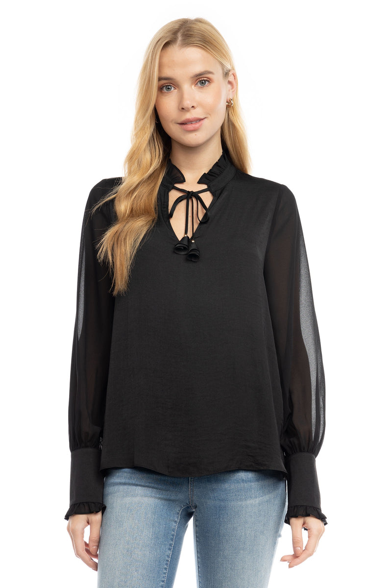 TIE NECK CONTRAST SLEEVE BLOUSE - BLACK