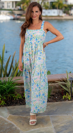 TIERED FLORAL MAXI DRESS - BLUE MULTI