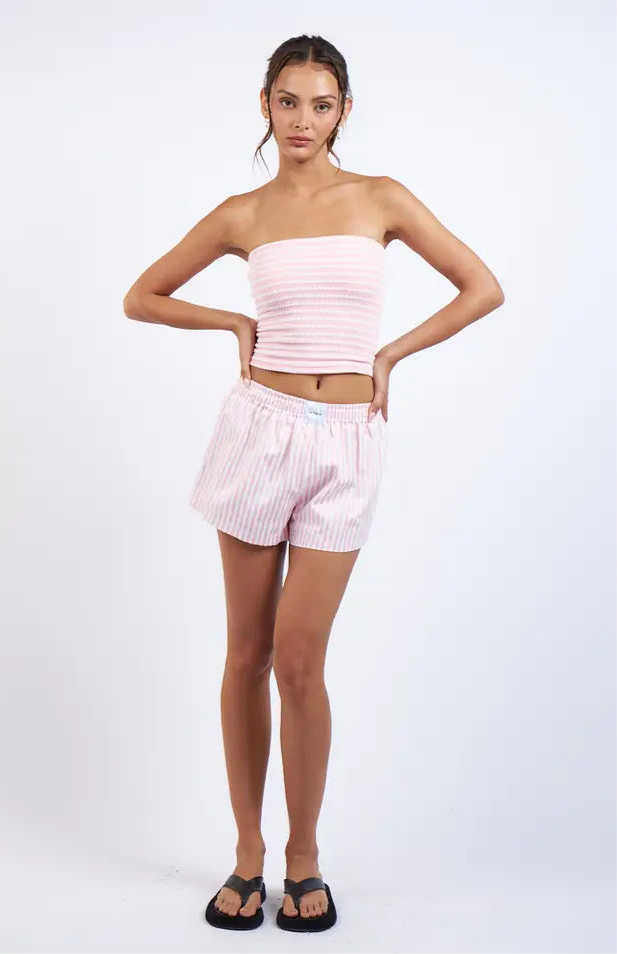 STRIPED ELASTIC WAIST SHORTS - PINK/WHITE