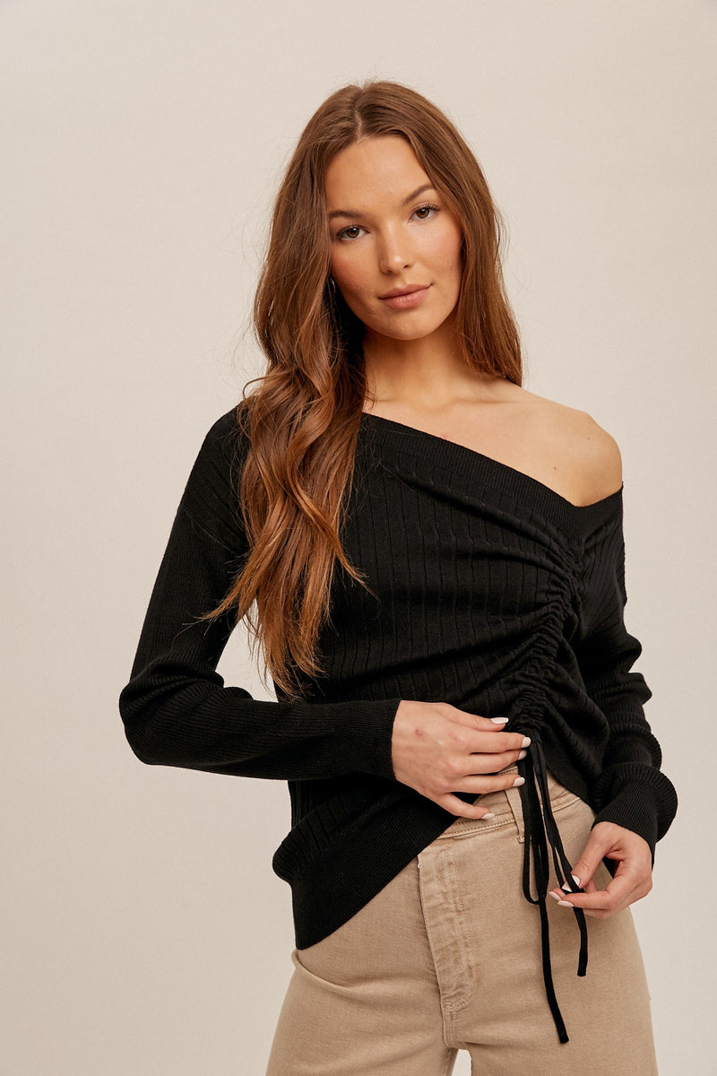 RUCHED DRAWSTRING ASYMMETRICAL SWEATER - BLACK