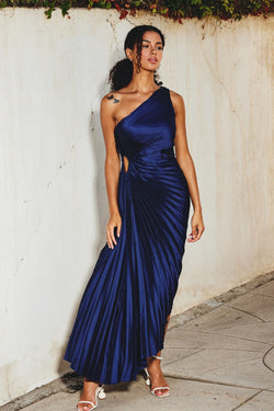 ASYMMETRICAL PLEATED MAXI DRESS - MIDNIGHT NAVY