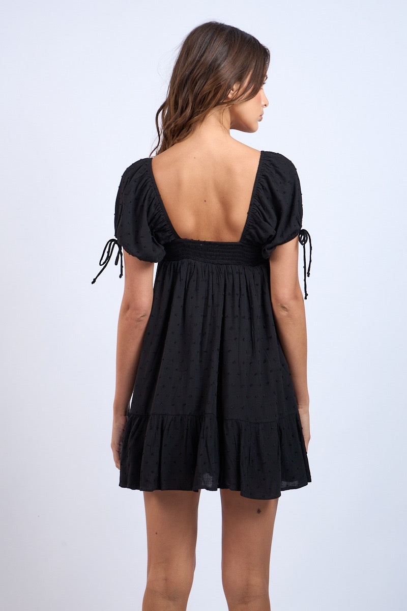 PUFF SLEEVE TIE MINI DRESS - BLACK