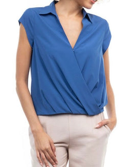 SHORT SLEEVE BUTTON FRONT BLOUSE - CAPRI BLUE