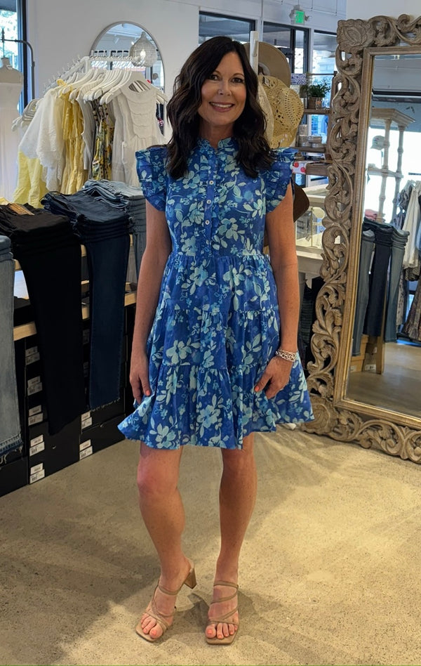 FLORAL TIERED MINI DRESS - BLUE MULTI
