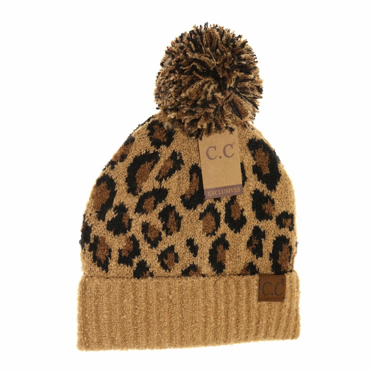 LEOPARD KNIT BEANIE WITH POM - LATTE