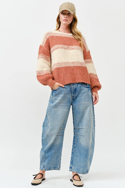 COLOR BLOCK FUZZY KNIT SWEATER - OATMEAL/RUST