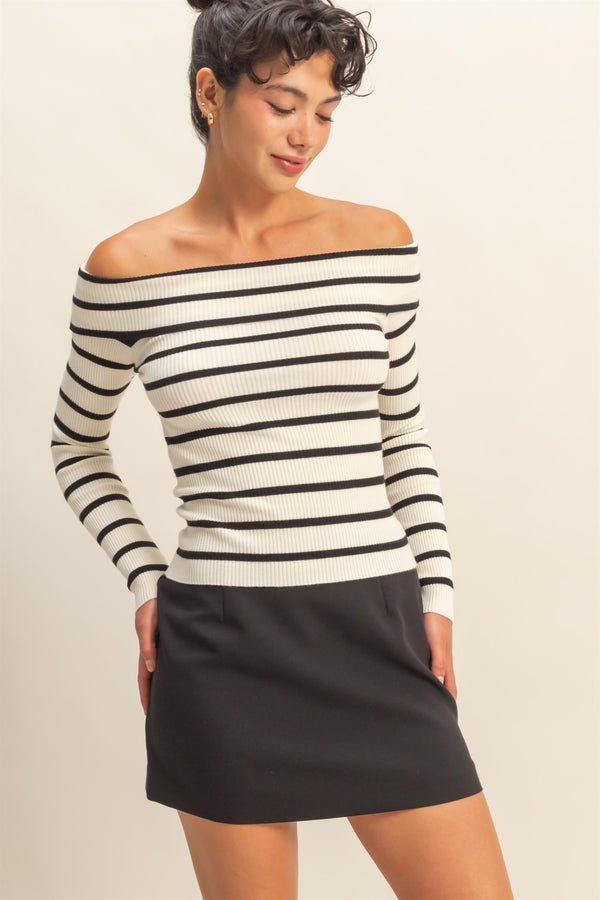 STRIPED OFF-SHOULDER KNIT TOP - CREAM/BLACK