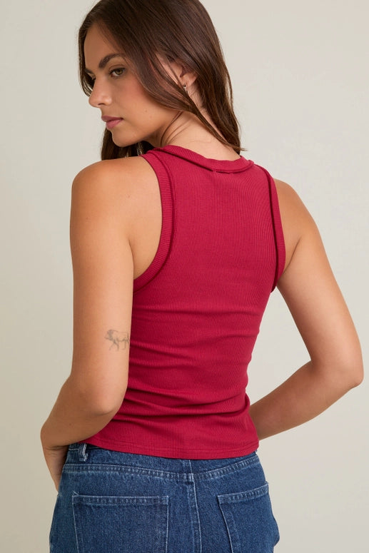REVERSE SEAM RIBBED TANK TOP - BURGUNDY