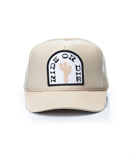 RIDE OR DIE PATCH TRUCKER HAT - KHAKI