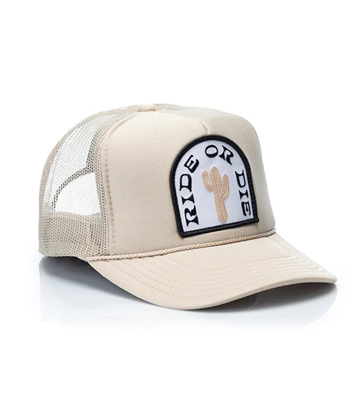 RIDE OR DIE PATCH TRUCKER HAT - KHAKI