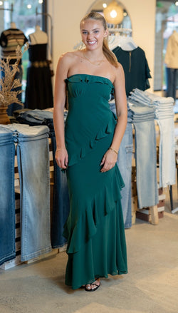 STRAPLESS RUFFLE MAXI DRESS - KALE