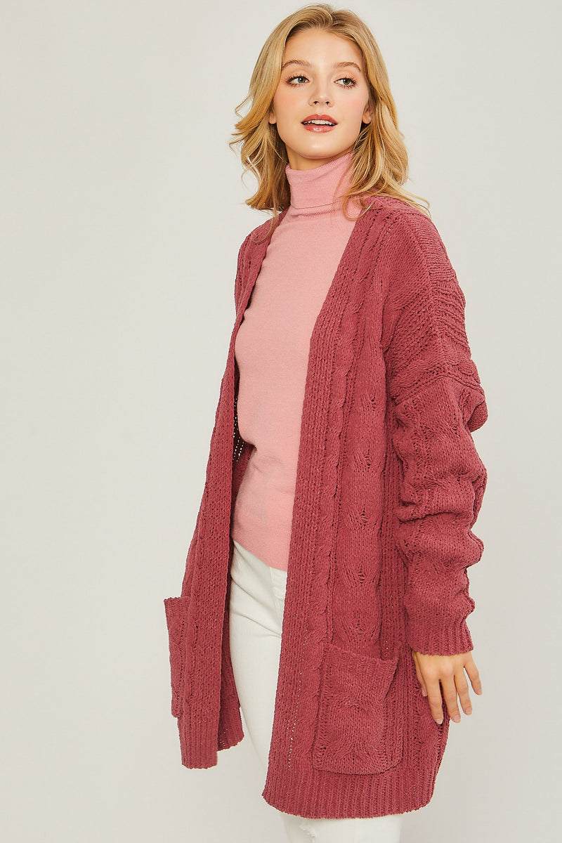 CHENILLE CABLE KNIT CARDIGAN - CHERRY