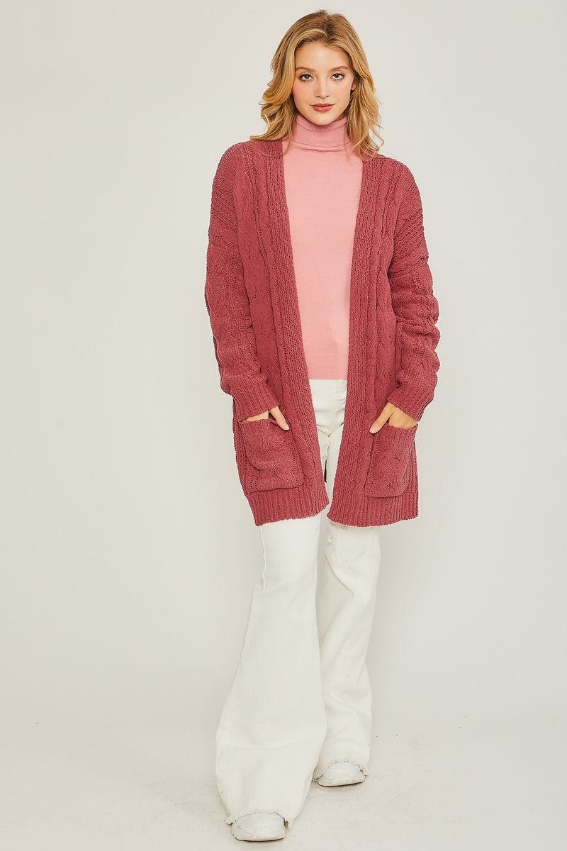 CHENILLE CABLE KNIT CARDIGAN - CHERRY