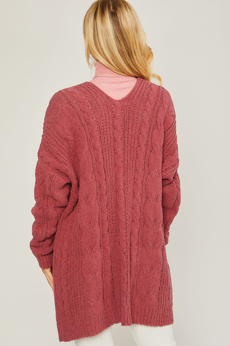 CHENILLE CABLE KNIT CARDIGAN - CHERRY