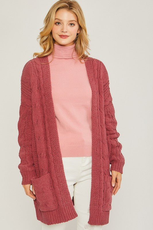 CHENILLE CABLE KNIT CARDIGAN - CHERRY