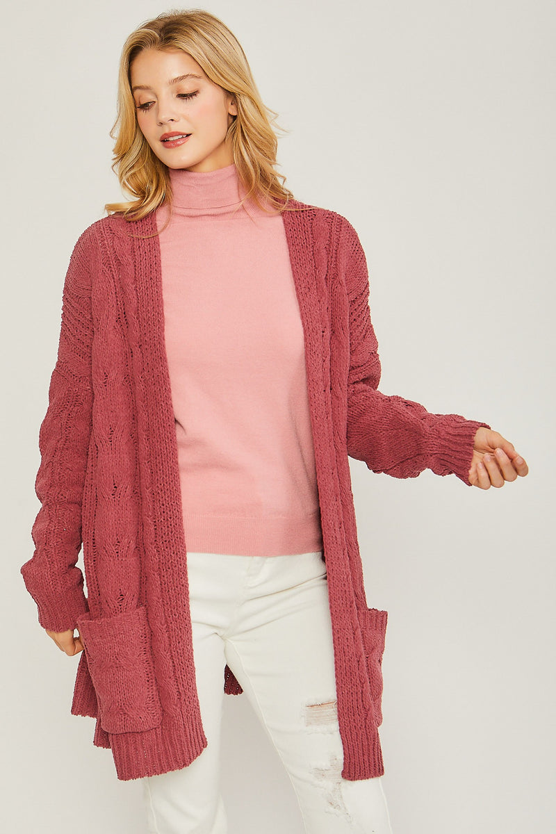 CHENILLE CABLE KNIT CARDIGAN - CHERRY