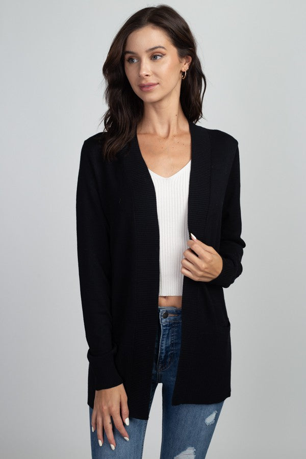 RIBBED TRIM CARDIGAN - BLACK