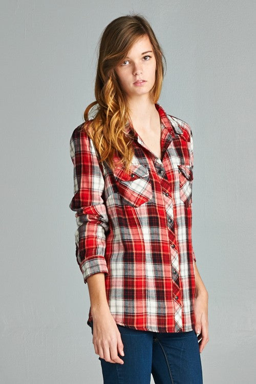 SNAP FRONT PLAID SHIRT - RED/BLACK